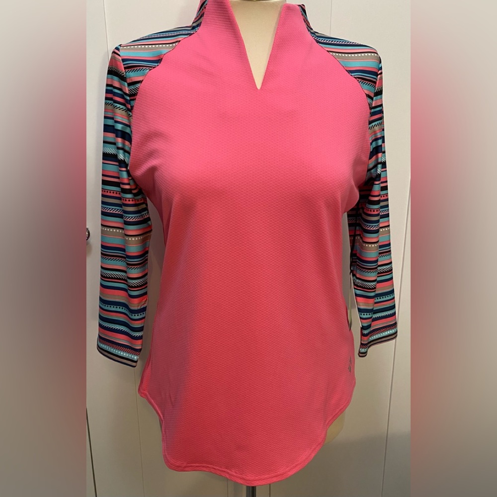 NEW! SM Jofit Vista Pink & Stripe 3/4 Sleeve Mock Raglan Pullover Top UPF 50